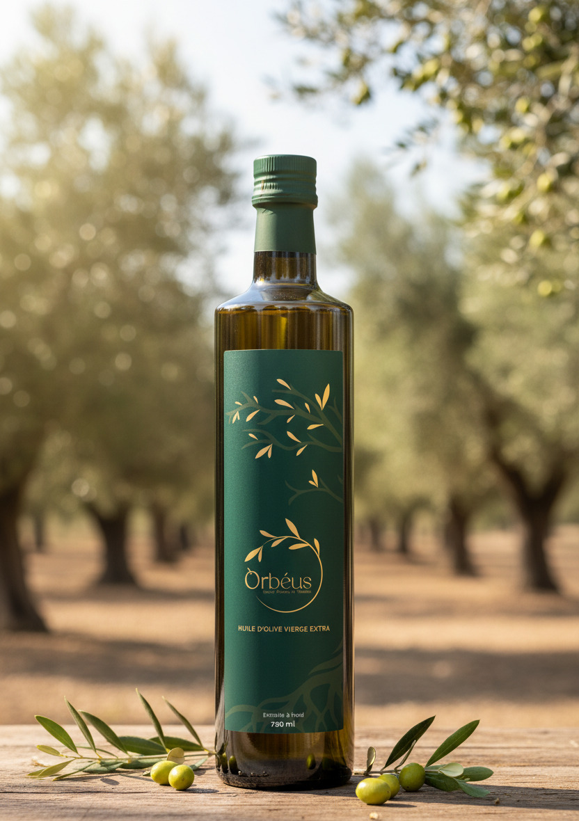 Bouteille d'huile d'olive Orbèus sur fond sombre.